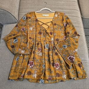 By Together Mustard Yellow Floral Flare Sleeve Boho Casual Top Size Medium